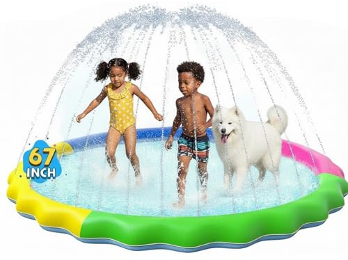 Evereden 67'' Splash Pad for Kids, Non-Slip Summer Outdoor Water Toys | Sprinkler Pool for Kids Outdoor Play, Scratch Resistant Thicken Dog Splash Pad, Fountain Play Mat for Kid Toddl