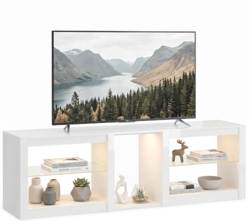 HOMCOM TV-Schrank für Fernseher bis 75 Zoll LED 160 x 35 x 52 cm Weiß | TV Lowboard, Hochglanz Fernsehtisch, Offene Ablage, Verstellbare Glasböden, Wohnzimmer, Schlafzimmer