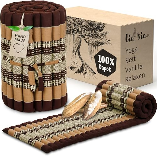 livasia Rollmatte Rollmatratze S schmal - 200x50x4,5cm - Gästebett Gästematratze 1 Person mit Muster, Reisebett Kofferraum outdoor, Thaimatte Kapok für Garten Balkon handgefertigt (Braun)