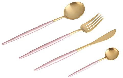 4Pcs/Set Vaisselle Cuillères Fourchette Couteau en Acier Inoxydable Ustensiles Couverts Vaisselle Domestique Restaurant décoration table Noël(Rose)