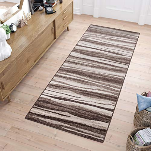 TAPISO Sari Teppich Läufer Flur Braun Beige Kurzflor Modern Streifen Meterware Brücke nach Maß Küche Wohnzimmer Schlafzimmer ÖKOTEX 90 x 130 cm