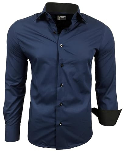 Subliminal Mode RN44 - Camisa, de planchado fácil, para hombre, cuello bicolor liso, manga larga, ceñida, para negocios, para regalo, Navidad y San Valentín, azul marino, XL
