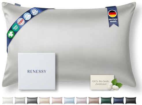 RENESSY Taie d'oreiller en Soie 100% Bio 40x60 cm - 22 Momme Soie de Mûrier, Grade 6A, Certifiée Oeko-Tex en Allemagne - Luxe pour Les Cheveux et la Peau, 1 Pièce (Gris Clair)