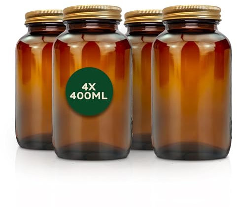 Nature Basics Vorratsdosen Glas Set - 4 x 400 ml - Braungläser mit Gewinde und dicht schließendem Aludeckel - zur Aufbewahrung von Lebensmitteln & Kosmetikartikeln - Luftdicht & Spülmaschinenfest