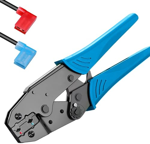 smseace Crimpadora de terminales de bandera AWG 22-14 (0,5-2,5 mm²) herramienta de crimpado eléctrico para conector de pala de ángulo recto, crimpadora de terminales de trinquete