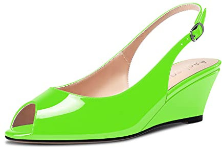 Aachcol Mujer cuña Esparto Pumps Abierta Punta Chunky Ancho Medio Heel Slingback Correa Tobillo Sandalias Dress Zapatos Fiesta Verde Lima Charol 5 CM 44 EU