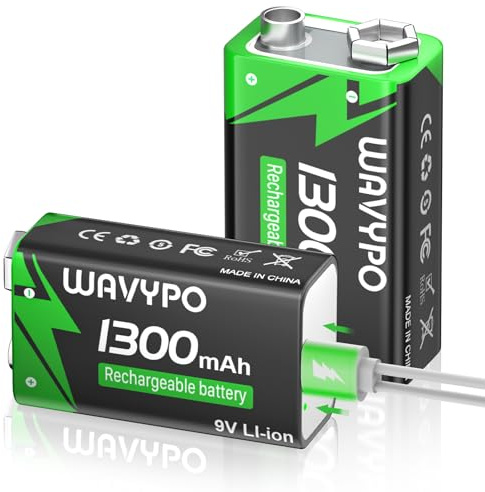 WAVYPO 2-Pack 1300mAh Rechargeable 9V Batteries,9 Volt Lithium-ion Batteries Long Lasting with 2-in-1 USB-C Fast Charging Cable, for Smoke Detector Alarms, Microphone, Toys, Walkie-Talkies