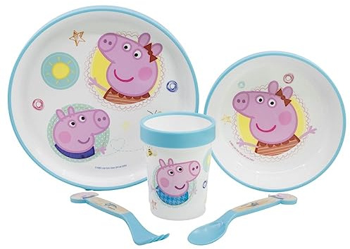 Peppa George Microwave Safe Cartoon Character Non Slip Bicolor Premium Dinner Tableware Set for Children Plate, Bowl, Cup & Cutlery Set BPA Free re-usable Plastic (Peppa)