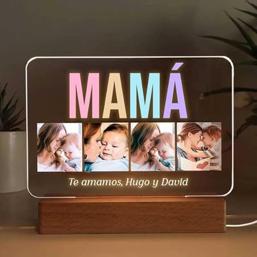Transparent Gift Lámpara Personalizada Mamá Con Fotos Multicolor y Frase para Día de la Madre, Regalo Cumpleaños Mujer. Ideas Regalos Originales para Mamá. Diseño en Placa Metacrilato con Luz