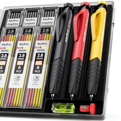 Nicpro 3 Piezas Lápices de Carpintero con Sacapuntas y Agarre los Dedos, Lápices Mecánico Con 39 Recambios (Rojo, Negro, Amarillo) Marcador De Agujeros Profundos Para Construcción, Dibujo, Carpintero