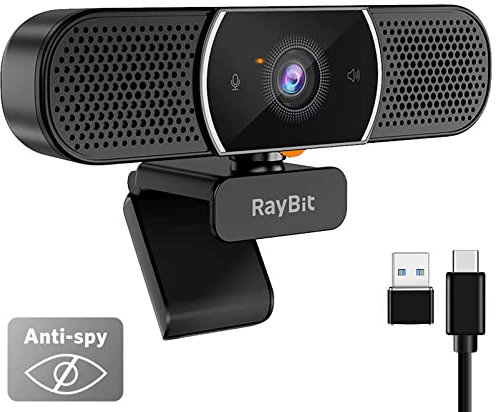 RayBit 3 in 1 Webcam - 2K HD USB C Webcam with Microphone, Speaker and Privacy Cover, Noise Reduction & Stereo Sound, Autofocus Conference Web Camera for Computer/PC/Desktop/Laptop/Zoom/Skype/Teams