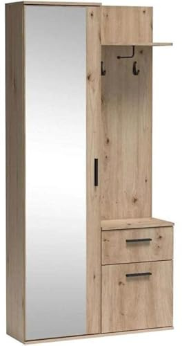 MINIO go for it - Flurgarderobe Schmal Alex Flur Möbel 97cm Breit | Flurgarderoben mit Spiegel Garderobenpaneel Wandgarderobe mit Ablage und Schuhschrank Farbe Artisan Eiche