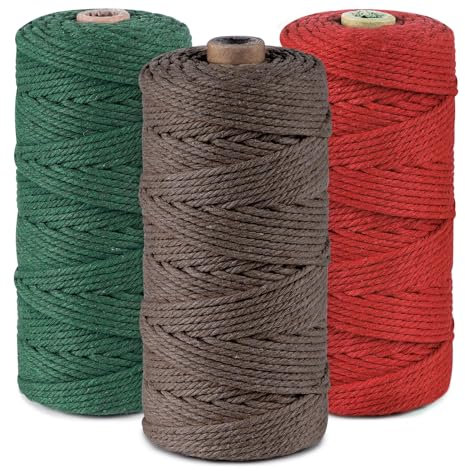 Cuerda de Macramé Natural,ilauke 3mmx300m Hilo de Macramé,4 Hilos Macrame Cuerda,3mm Macramé de Algodón Trenzada,Cuerda de Algodón para Manualidades Envolver Regalo Decoración Bohemia(Rojo,Café,Verde)