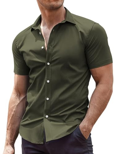 COOFANDY Herr kortärmad skjorta finskjortor formella skjortor stretchskjortor affärsskjortor arbetsskjortor ledig skjorta sommar XS-4XL, Olivgrön, 3XL