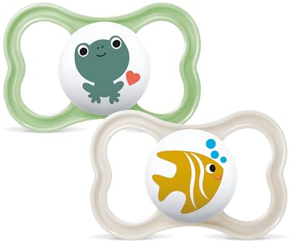 MAM Air Succhietto 16+ Mesi (Set da 2), Ciuccio MAM 16-36 mesi per pelli sensibili e delicate, Kit da 2 accessori neonato con tettarella in silicone e porta ciuccio sterilizzatore, Neutro/Verde