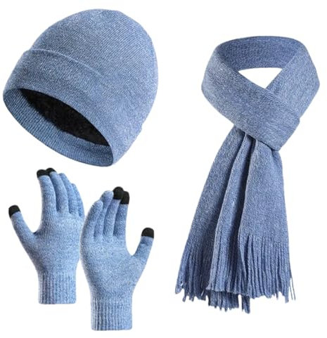 Suwequest Wintermütze, Schal, Handschuhe, Set, dick, gestrickt, weich, warm, winddicht, Outdoor-Thermokappe, Schal, Handschuhe, Set, hellblau, One size
