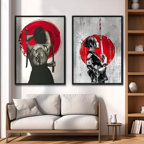 KAIDAARTLH Lot de 3 posters muraux sur le thème des samouraïs 50x70cm, toiles modernes d'inspiration japonaise, décoration pour salon, chambre et bureau, sans cadre(C,2x50x70cm)