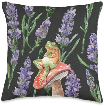 Frog on Mushroom Lavender Purple Plant Pattern Throw Pillow
