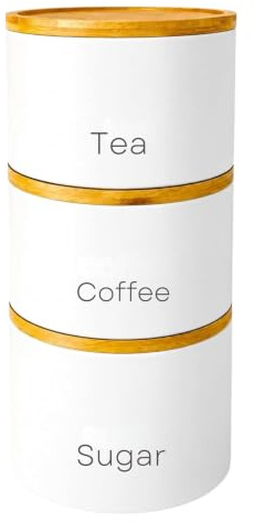 Set of 3 Stackable Tea Coffee Sugar Canister Airtight Food Storage Containers Sugar Jars Tin (White)
