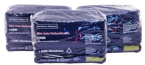 3x KFZ Mini 3in1 Holthaus Warnweste-Dreieck-Verbandstasche Din 13164-2022 mit Maske frische Produktion
