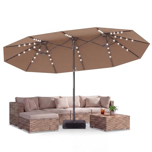 GOPLUS Parasol de Jardin Exterieur avec Pied, 4,7x2,8M Grand Parasol Double Face avec LED Solaires, Manivelle, 12 Baleines, Protection Solaire, pour Terrasse Patio Marché (Café)
