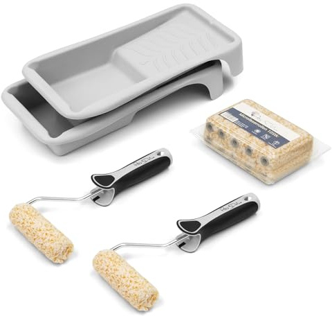 Pinto Deluxe® Qualitäts Microfaser Set: 10 x Microfaser Farbwalzen 11 cm gerade / 2 x Farbroller Bügel / 2 x Farbwanne/Best Grip Bügel