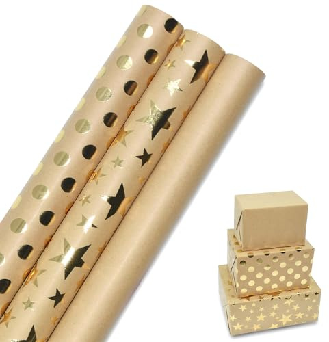 3 Rollos de Papel de Regalo Kraft Metálico y Brillante con Estrellas y Puntos, Papel de Regalo Reciclable de 16.9in* 10ft para Cumpleaños, Fiestas, Decoraciones de Regalos de Festivales
