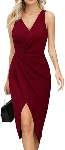 Missufe Vestido de cóctel para mujer, cuello de pico, sin mangas, vestido de fiesta, vestido de fiesta, vestido midi de boda, vestido de, borgoña, XXL