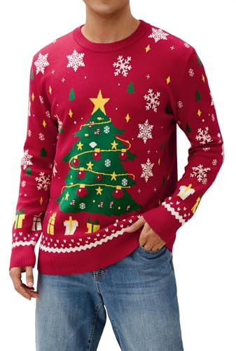 Becotal Jultröja, familjeset, stickad tröja, rund hals, rolig jultröja med gran, snögubbe, mönster, Gran-röd-herr, XL