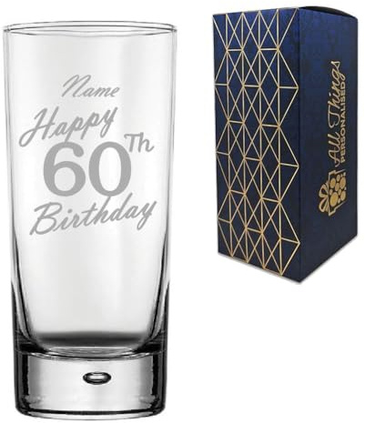 Personalised Engraved Vodka Hiball Glass, Happy 60th Birthday Handwritten Design, Rum Glass, 13oz or 365ml Capacity, Customise with Any Name, Gift Boxed