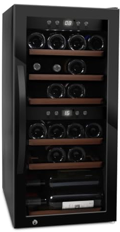 mQuvée Weinkühlschrank freistehender, WineExpert 24 Fullglass Black, schwarz, Platz für 24 Flaschen, stilvollen Weinkühler, Glastür mit UV-Schutz, Zwei Temperaturzonen einstellbar
