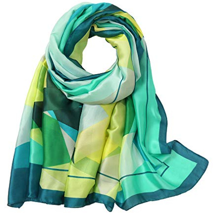 KAVINGKALY Femmes Soie Long Foulard Vert Cou Géométrique Couleurs Fraîches Châles Et Foulards(Pattern A)
