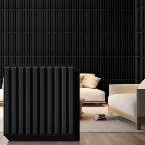 Nuanchu 32 Pcs 3D Slat Wall Panels, 12x12 PVC Fluted Wall Paneling for Interior Decor, Paintable Waterproof Textured Tiles for Living Room TV Background Gaming Room, 32 Sq. ft Coverage (Black)