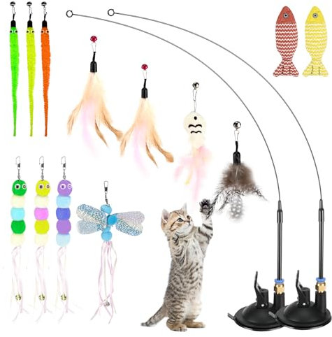 Zikenis 15 Stück Katzenangel mit 2 Saugnäpfen, Intelligenz Spielzeug für Katzen Federspielzeug Mit Saugnapf, Katzen Spielzeug