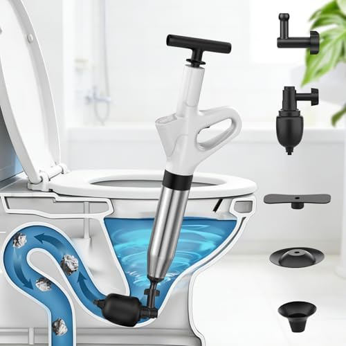 Rohrreiniger Druckluft Abflussreiniger Pumpe mit Drucklufttechnologie Der Pömpel Toilette für rohrfrei Ergebnisse mit Luftkompressions-System, integrierter Druckanzeige und 4 Saugnäpfen Weiß
