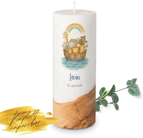 MOMENTU® Taufkerze personalisiert Holzelement Arche Noah Ø8 x 20 cm - [Docht] Taufgeschenk für Jungen Mädchen, religiös Regenbogen Löwe Tiger Giraffe Nashorn, selber machen gestalten