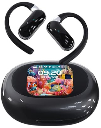 Open Ear Headphones with Smart Touchscreen Charging Case Wireless Bluetooth 5.4 Over Ear Earbuds with Ear Hooks Touch Screen Sports Gym Earphones for iPhone Android Running Office Workout Hiking