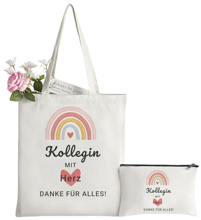 Kollegin Geschenk, Abschied Kollegin Canvas Tragetasche mit Kosmetiktasche, Jutebeutel Kollege Geschenk, Shopper Bag Damen, Geschenke für Kollege zum Abschied, Ruhestand, Geburtstag, Weihnachten