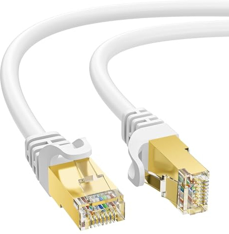 Werkybay Cavo Ethernet Cat 7 da 5m, 10 Gbps 600MHz (Cavo di LAN Rete/Internet ad Alta Velocità,S/FTP) Cavi Patch RJ45/Bianco Impermeabile, per Router, Modem,PC, Server ecc. +25 fascette