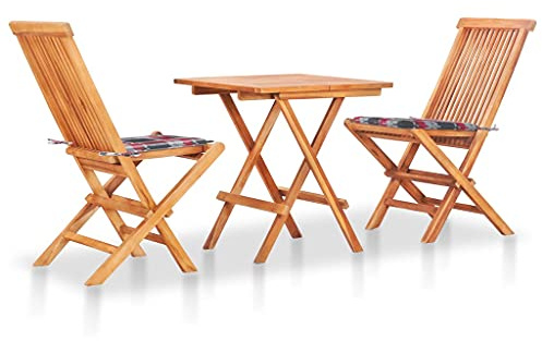 Teenpull 3-TLG. Bistro-Set aus massivem Teakholz mit Kissen Rot-Karomuster, klappbar, für Garten, Balkon & Terrasse, langlebiges Outdoor-Möbel-Set
