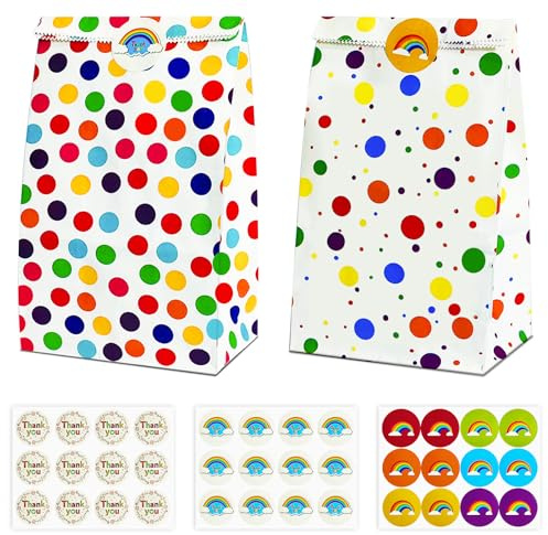 Aurinovellia 20 Pièces Sacs Cadeaux En Papier, Sachet Bonbons Anniversaire Colorés avec 36 Autocollants, Sachet Papier Kraft, Pochette Cadeau, pour Célébrations de Fête Mariage Anniversaire 24x13x8cm