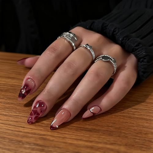 24PCS Almond Press on Nails - Burgundy Red with Flower Rhinestone Design 12 Sizes, Glossy Removable Full Cover Stick On Fake Nails with Jelly Glue for Women Daily Wear DIY Nail Art