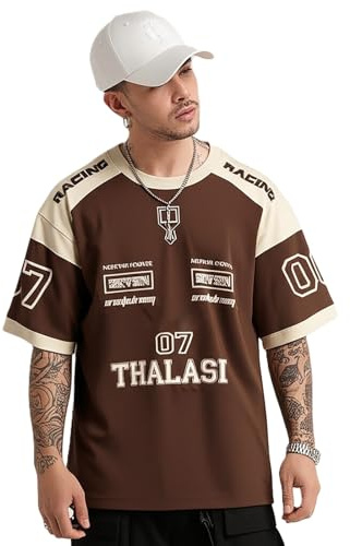 THALASI T-shirt da uomo in jersey di cotone estetico taglie forti T-shirt sportiva a mezza manica girocollo stampata maglietta per uomo con spalle scoperte vestibilità ampia, Marrone, S