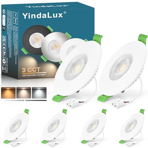 YindaLux 6x LED Einbaustrahler 230V Dimmbar 7W IP44 Weiß Loch 60-75 mm | 700lm, IP44, ultraflach, 3 Lichtfarben 2700K/4000K/6000K, 38° Abstrahlwinkel, Flimmerfrei, für Bad, Küche und Wohnzimmer