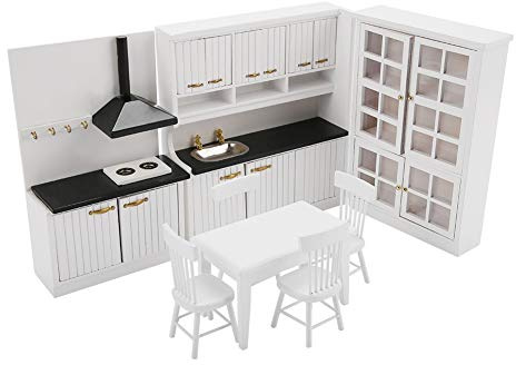 ZenithAur Puppenhaus-Küchen- und Esszimmer-Set mit Herd, Spüle und Schränken für Puppenhaus-Dekoration im Maßstab 1:12. EIN komplettes Miniatur-Küchenmöbel-Set aus Holz