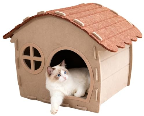 Gazocua Casa para gatos con aislamiento térmico, transpirable, semicerrada, de fieltro, para mascotas, cueva para gatos de interior | para gatos medianos y grandes para patios, balcón, jardín, patio y