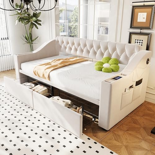 HaoChrymec Sofá Cama Tapizado De Terciopelo con Cargador USB y Espacio De Almacenaje, con Bolsillos Laterales y Cajones Inferiores, Cama Individual para Dormitorio y Salón, Beige, 90 x 190 cm