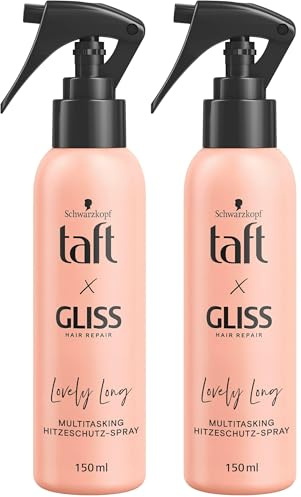 Taft x Gliss Hitzeschutz-Spray Lovely Long (150 ml), Multitasking-Spray bietet Hitzeschutz bis zu 230°, Schutz vor Spliss und langanhaltende definierte Styles (Packung mit 2)