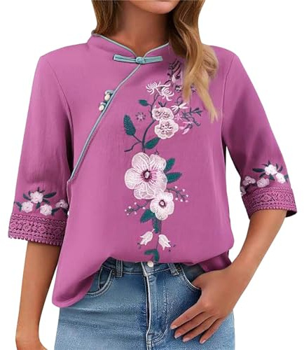 Generico Blusa Donna Estiva Eleganti Top Elegante Cerimonia Top Estivo da Donna in Cotone E Pizzo Cinese con Colletto Inclinato,Bottoni in Stile retrò Ricamati A Sette Bottoni Maglia Elegante