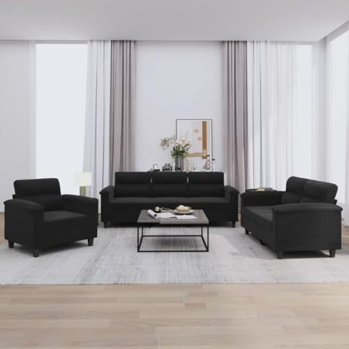 WDGJJFECNMUEHI 3-TLG. Sofagarnitur Set mit Kissen, Schwarz, Mikrofaser Wohnzimmer Couchgarnitur, Bequemes Sofa Set für Wohnzimmer, Esszimmer, Büro, Modernes Design mit Stabiler Konstruktion